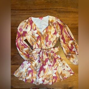 Flying Tomato Red Orange Floral Fit & Flare Long Sleeve Dress Womens Small